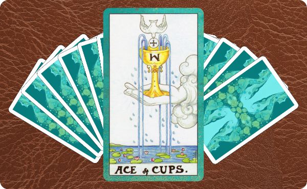 Rider Waite depiction of Ace of Cups tarot card on top of a spread of other cards