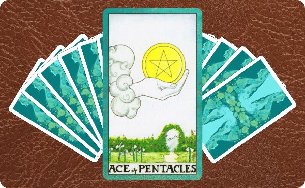 Rider Waite depiction of the Ace of Pentacles tarot card on top of a spread of other cards.