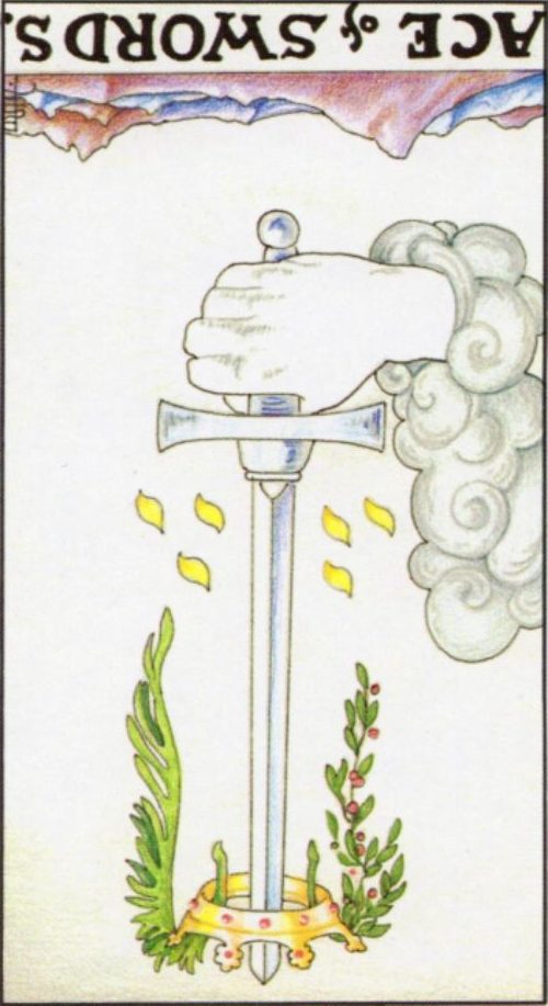 Rider Waite depiction of the Ace of Swords tarot card reversed.
