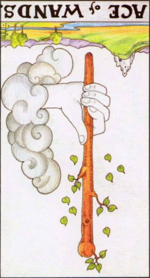 Rider Waite depiction of the Ace of Wands tarot card reversed.