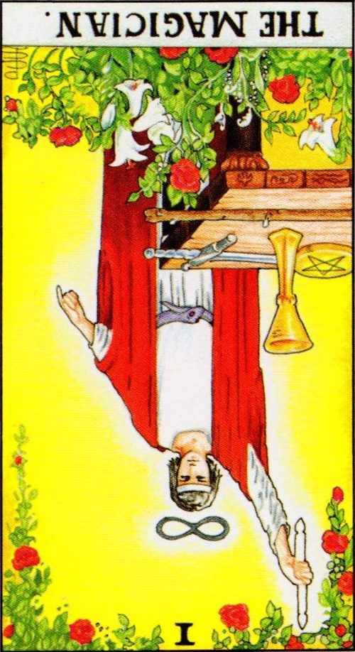 Rider Waite depiction of The Magician Tarot Card reversed