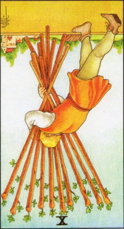 Rider Waite depiction of the Ten of Wands tarot card reversed,