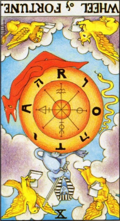 Rider Waite depiction of The Wheel of Fortune tarot card reversed