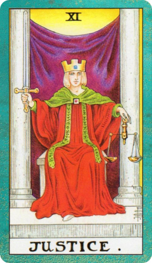 Rider Waite depiction of Justice tarot card. The figure sits in a place of authority holding a sword of truth and scales of justice indicating balance and fairness