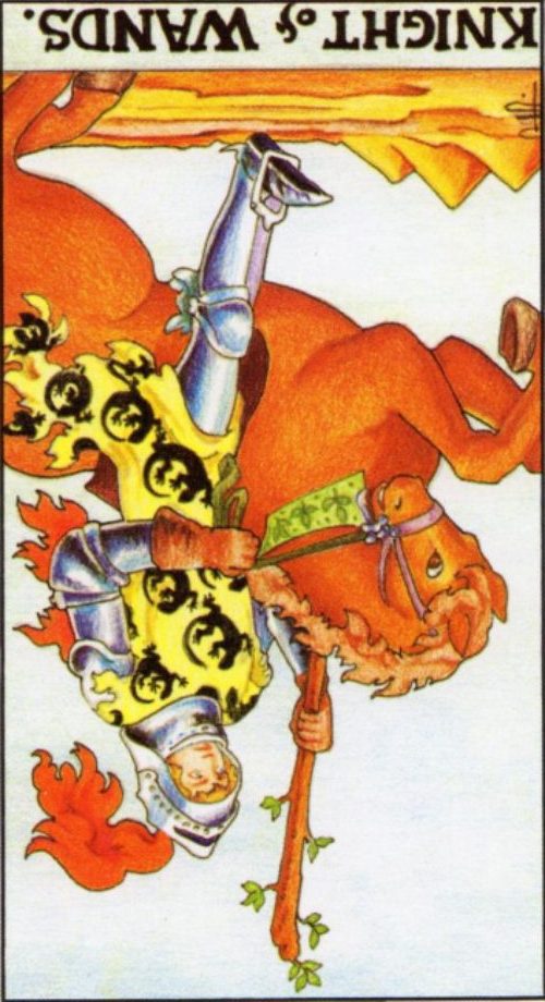 Rider Waite depiction of the Knight of Wands tarot card reversed.