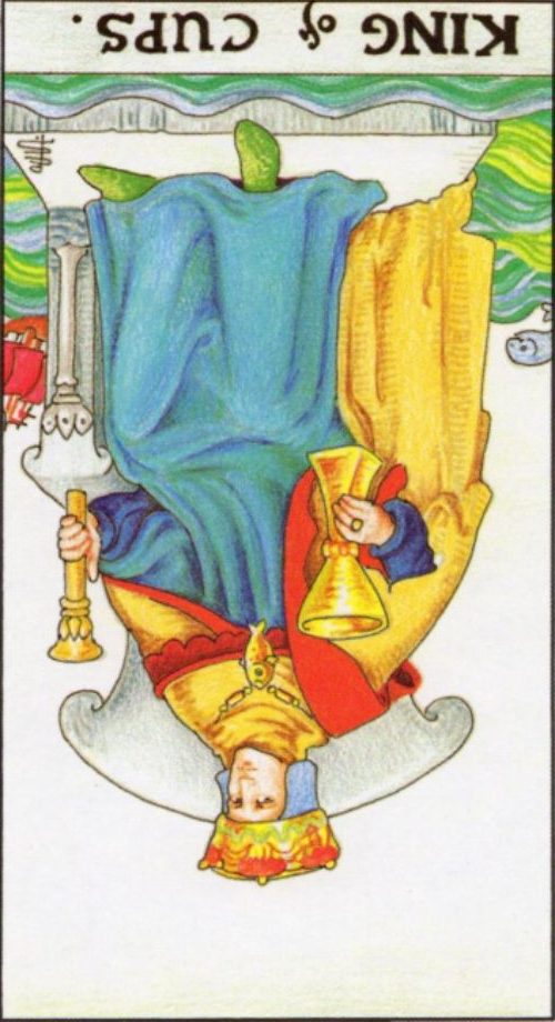 Rider Waite depiction of the King of Cups tarot card reversed.