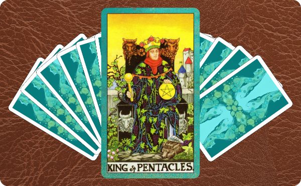 Rider Waite depiction of the King of Pentacles tarot card sitting on top of a spread of other cards.