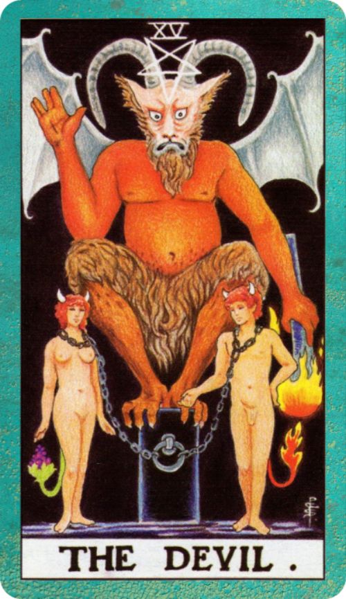 Rider Waite depiction of The Devil tarot card meaning. A devil like figure lords over a naked man and a naked woman, both in chains.