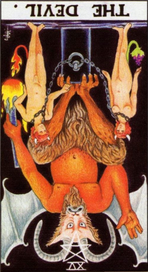 Rider Waite depiction of The Devil tarot card in the reversed position.