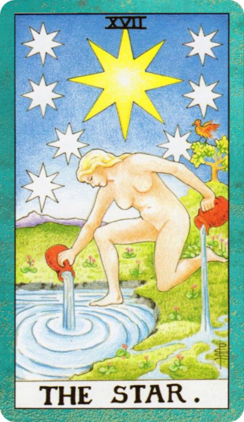 Rider Waite depiction of The Star tarot card meaning. With stars in the background, a naked woman is pouring water from two vases.