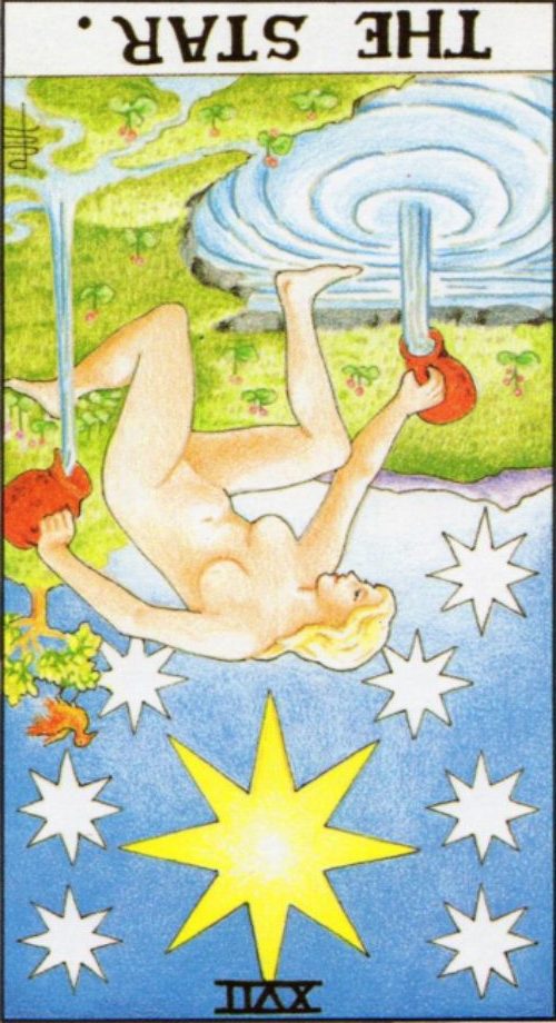 Rider Waite depiction of The Star tarot card in the reverse position