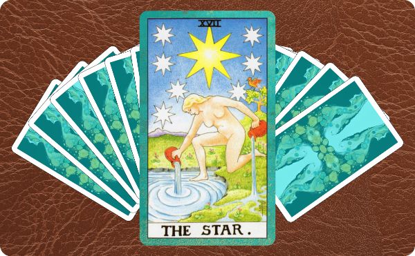 Rider Waite depiction of The Star tarot card on top of a spread of other cards
