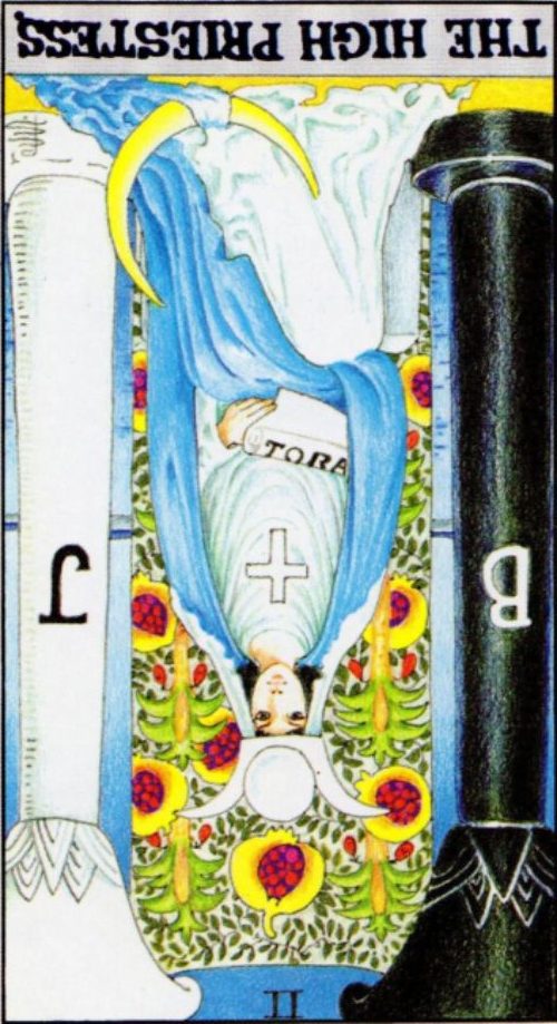 Rider Waite depiction of The High Priestess tarot card reversed