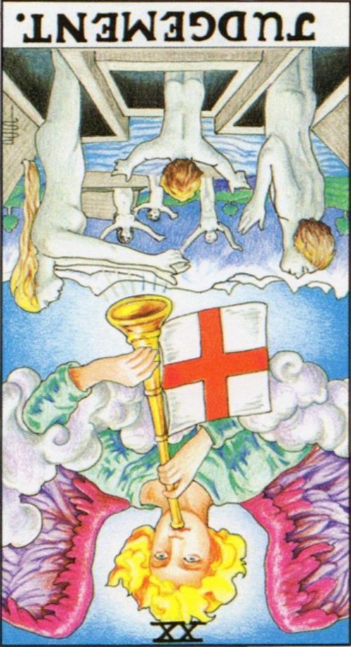 Rider Waite depiction of the Judgement tarot card in reverse position.
