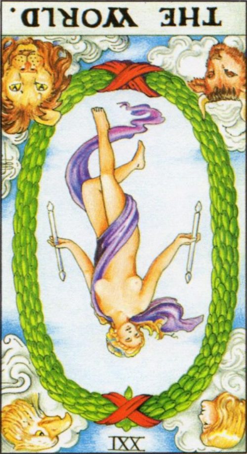Rider Waite depiction of The World tarot card meaning in reverse.