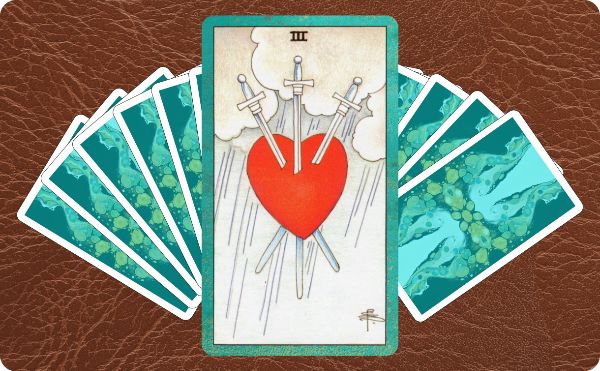 Rider Waite depiction of the Three of Swords tarot card sitting on top of a spread of other cards.