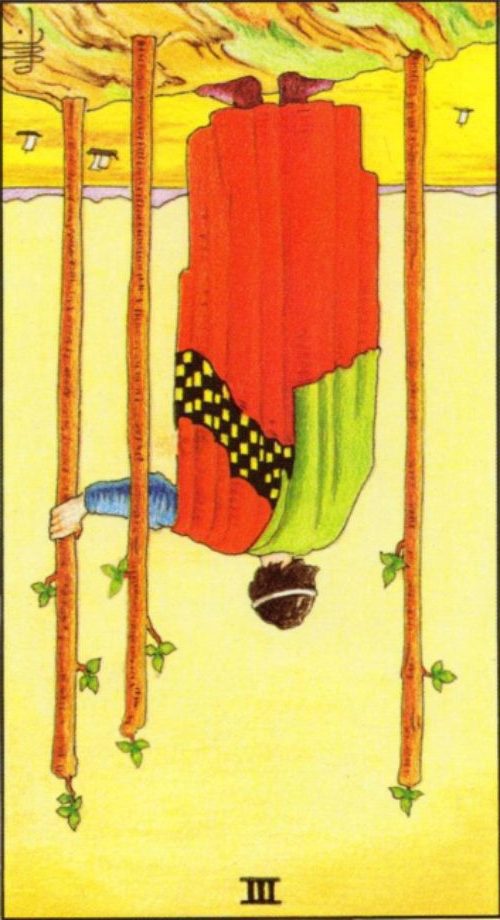 Rider Waite depiction of the Three of Wands tarot card reversed.