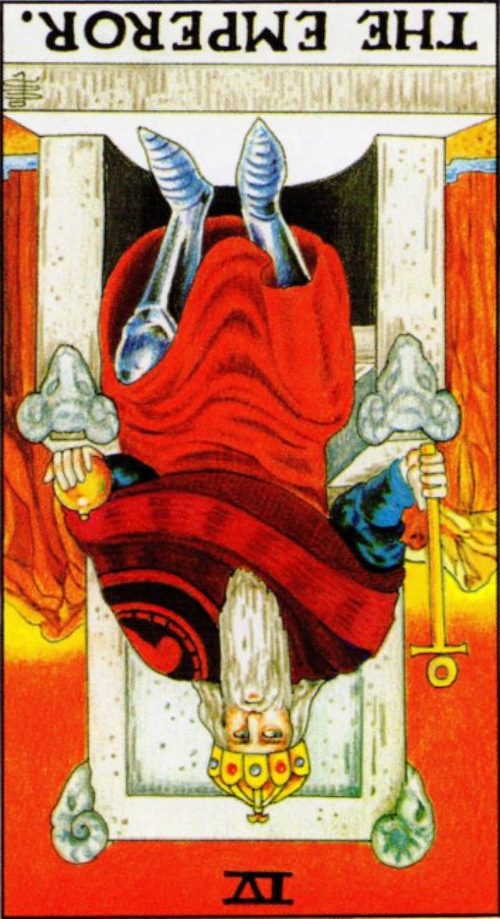 Rider Waite depiction of The Emperor tarot card in the reversed position. The card features the same stern-looking man as in the upright position, but he appears less confident and his expression is more uncertain. He is still seated on the stone throne adorned with ram's heads, but it appears to be crumbling and unstable. The scepter and orb he holds also seem to be slipping from his grasp. The reversed Emperor suggests a lack of control, insecurity, and a need to reassess one's leadership style or authority. It may also indicate a loss of power or a challenge to one's position of authority.