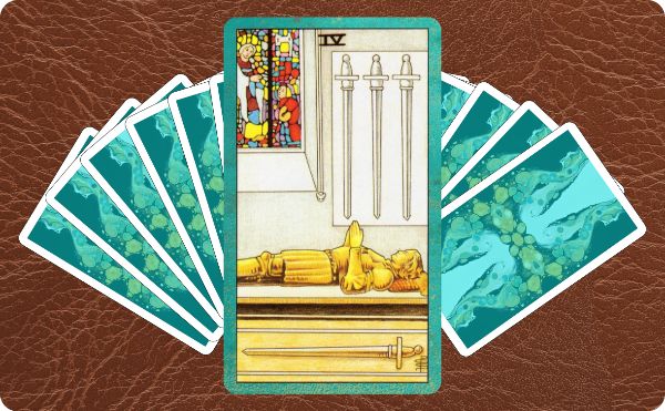 Rider Waite depiction of the Four of Swords tarot card sitting on top of a spread of other cards.