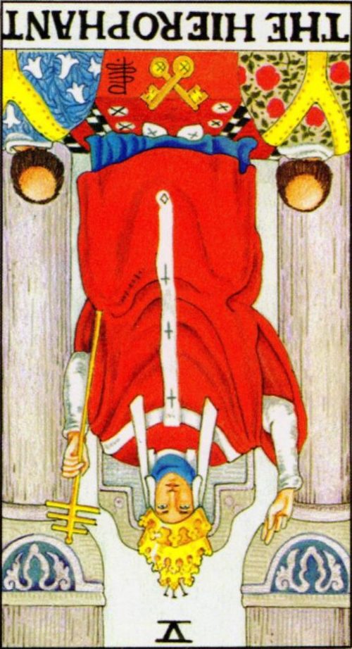 Rider Waite depiction of The Hierophant in reversed position.