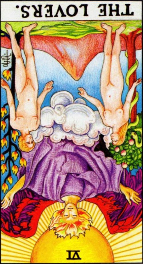 Rider Waite depiction of The Lovers tarot card in the reversed position