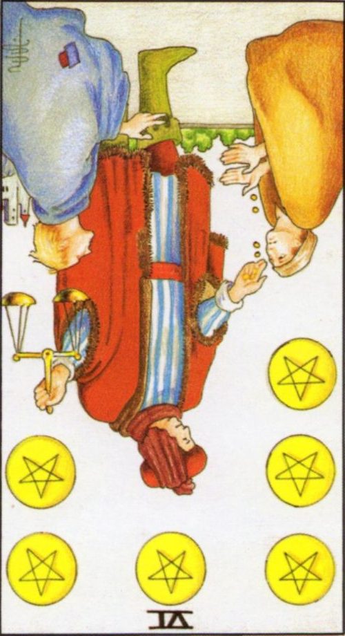 Rider Waite depiction of the Six of Pentacles tarot card reversed.