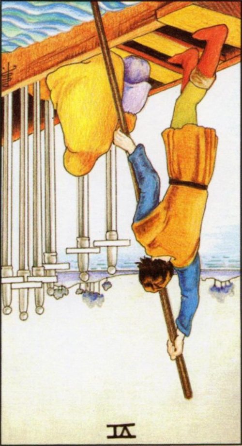 Rider Waite depiction of the Six of Swords tarot card reversed.