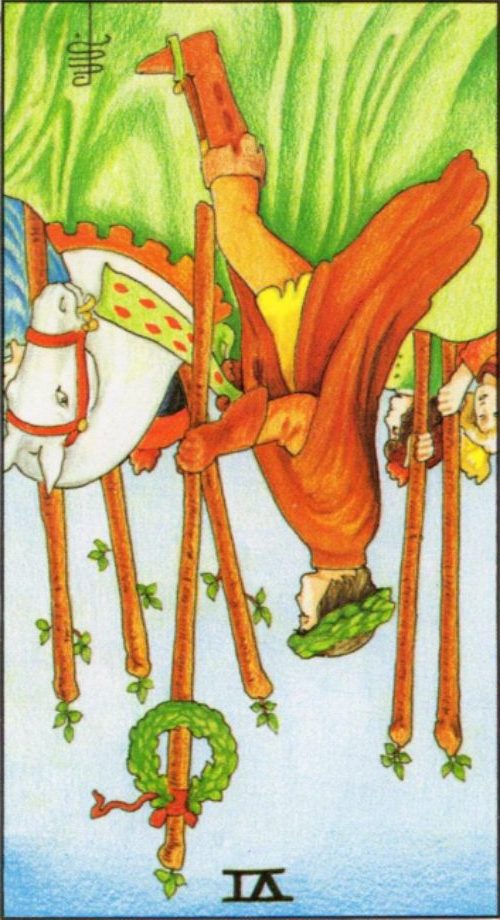 Rider Waite depiction of the Six of Wands tarot card reversed.