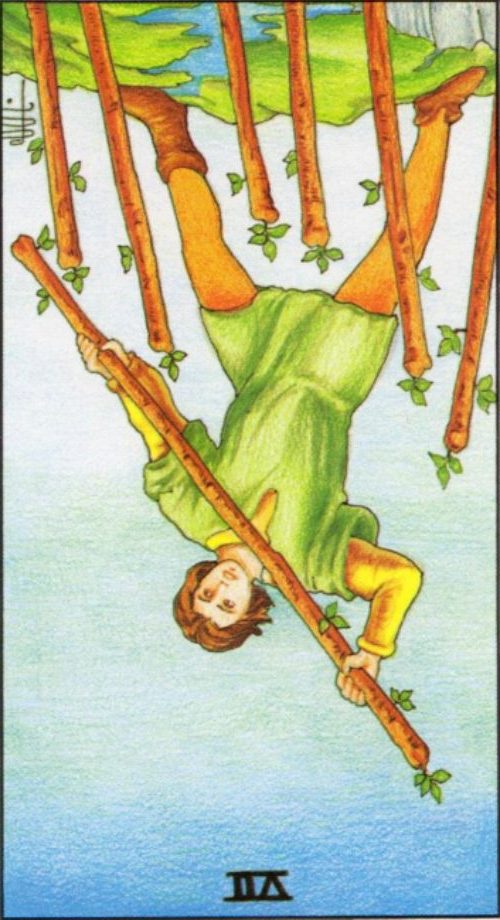 Rider Waite depiction of the Seven of Wands tarot card reversed.