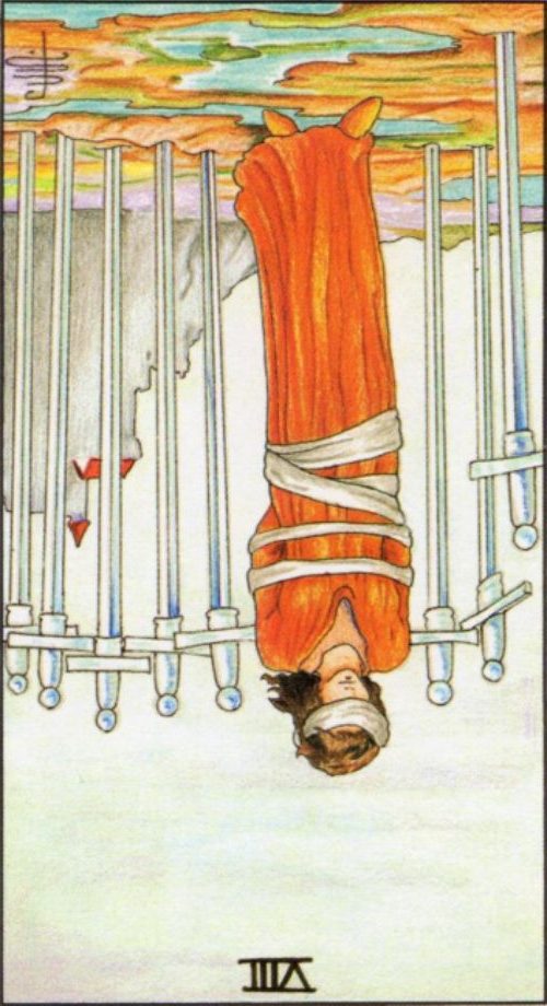 Rider Waite depiction of the Eight of Swords tarot card reversed.