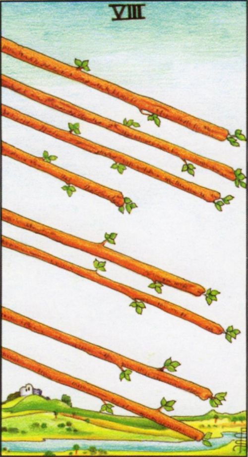 Rider Waite depiction of the Eight of Wands tarot card reversed.