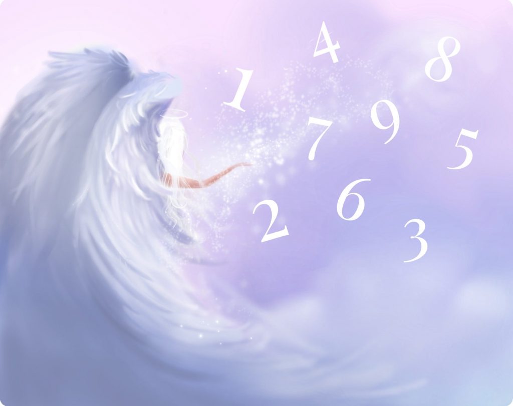Angel wings with slender arms reaching. Numbers that appear to be coming from the angel.
